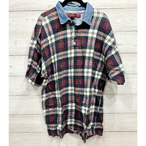 Vintage Polo Shirt Plaid With Denim Collar Men’s Size Large Casual 3 Button - Picture 1 of 3